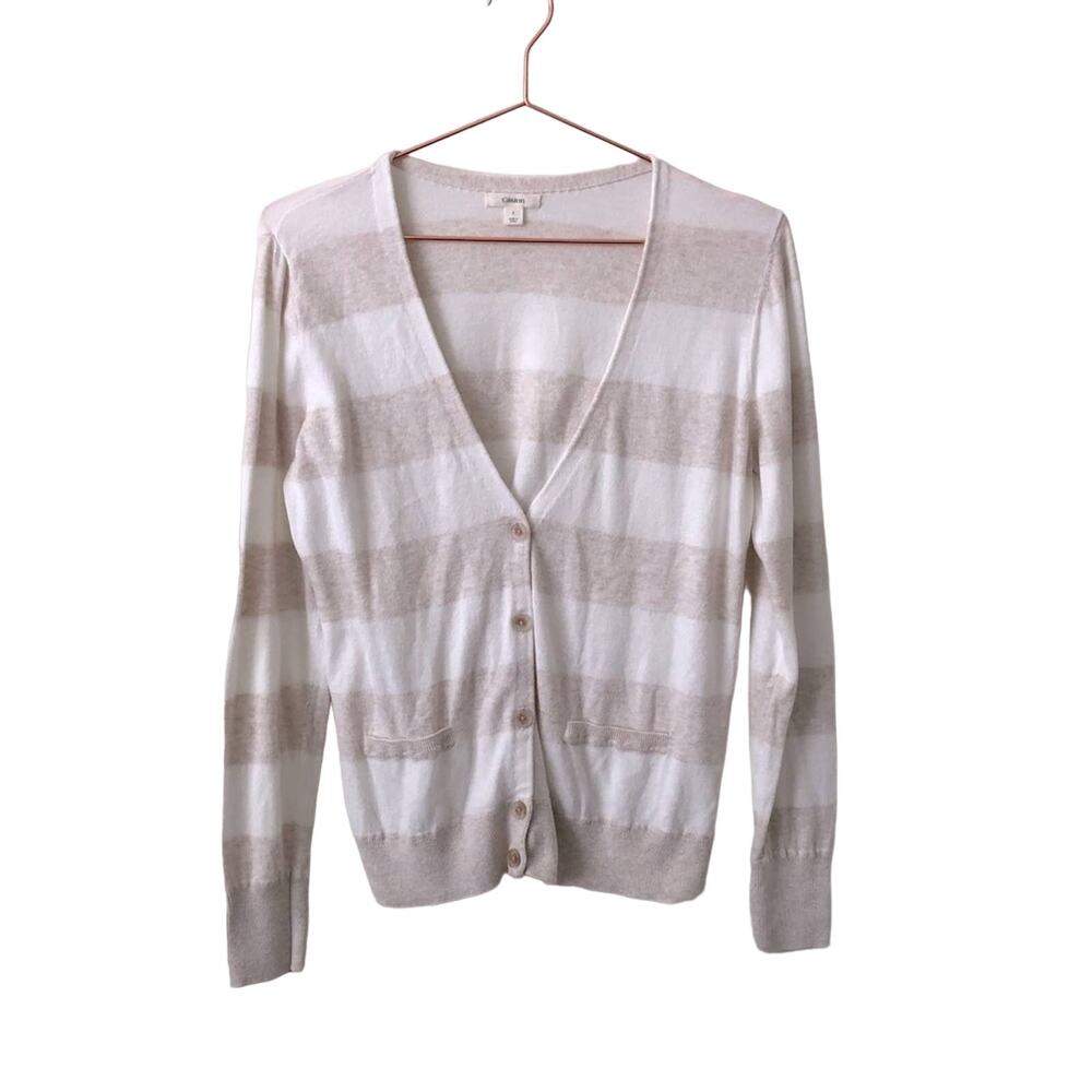 Caslon rugby stripe sweater cardigan ivory cream oatmeal tan stripes V-neck